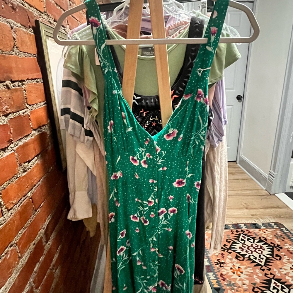 Free People On My Mind Cutout Back Mini Dress Green Floral V Neck